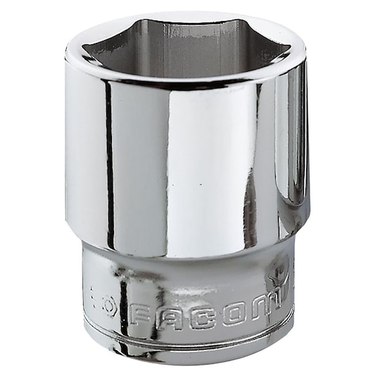 Facom J_21H chrome socket tool, front angle, embossed branding, photography category.