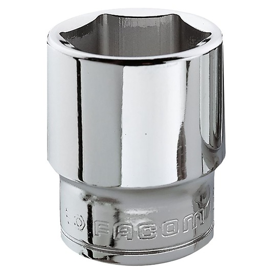 Photo of Facom J_22H chrome socket, hexagonal design, front angle, tool accessory for wrenches.