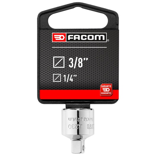 Photo of Facom coupler adapter 3/8 to 1/4, chrome finish, SKU COUPLER_3/8_TO_1/4, front angle, on white background.