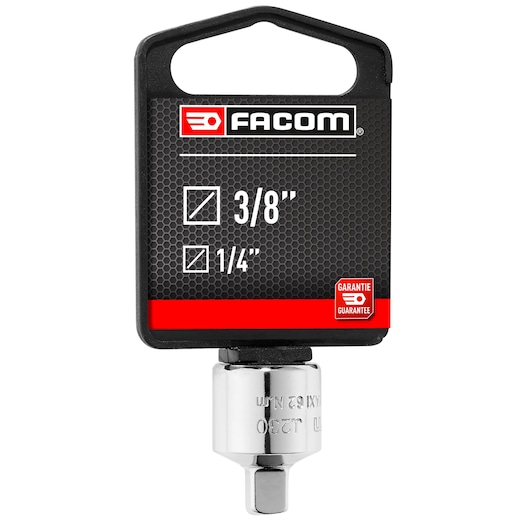 Photo of Facom COUPLER_3/8_TO_1/4 chrome socket adapter J_230PB_P2, front angle, packaging with Facom branding.
