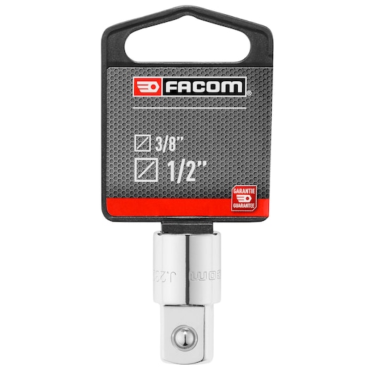 Facom J_232PB chrome socket adapter 3/8 inch to 1/2 inch, photographed upright on white background.