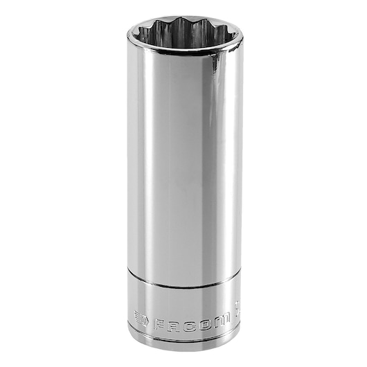 Facom J_24LA chrome-plated long socket, twelve-point, product photography, front angle.