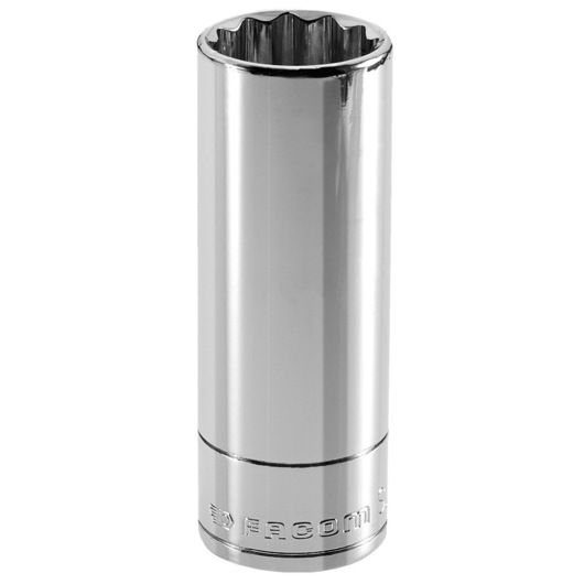 Facom J.3/8LA chrome deep socket, twelve-point design, photographed upright on white background.