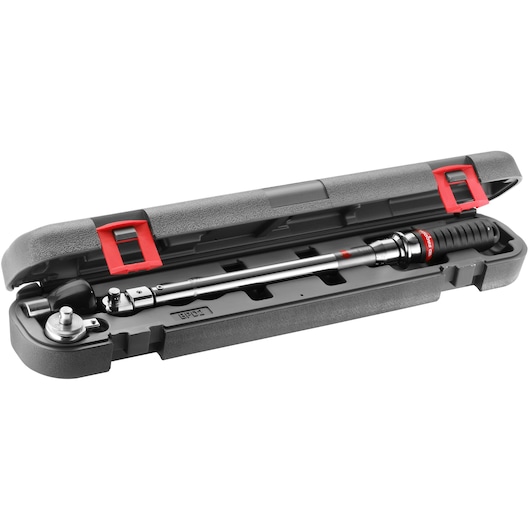 A Facom torque wrench stored in a black and red hard plastic case with a molded interior to hold the tool securely.