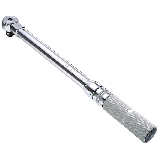Facom J_306U torque wrench, silver metal, knurled handle, side angle, white background.