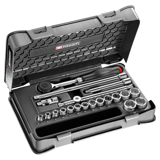 Facom J_360-3P6 socket wrench set with ratchet, extension bars, and sockets in a black hard case, angled view.