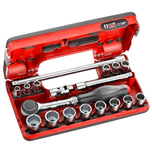Facom J360DBOX112 socket and ratchet set with multiple chrome sockets in a red carrying case, top-down angle.