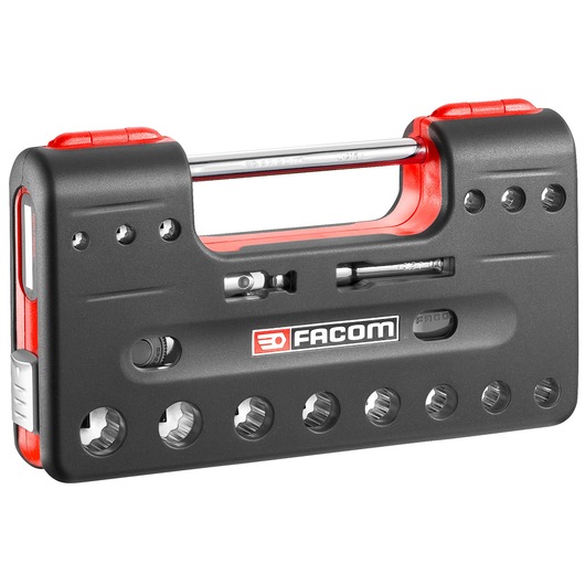 Facom J360DBOX112 compact black and red ratchet socket set with visible sockets and handle, front angle.