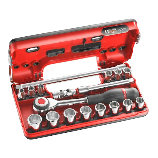 Facom J_360DBOX1 socket wrench and accessory set in open red and black plastic case, photographed from above.