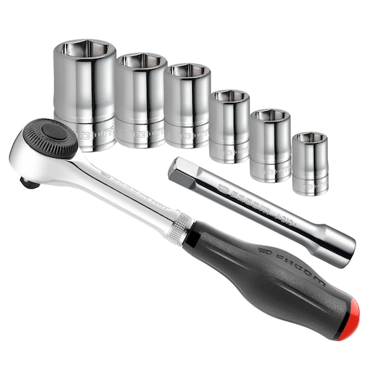 Facom J_360PACKPB ratchet, extension bar, and socket set on white background.