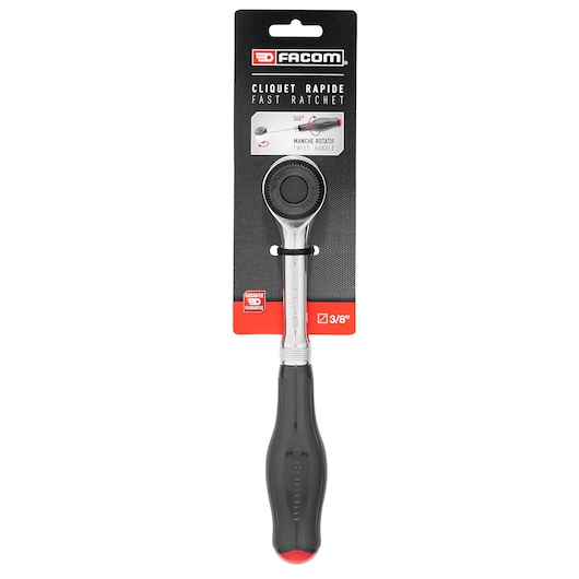 Facom J_360PB fast ratchet with twist handle, black and silver, front angle, SKU J_360PB