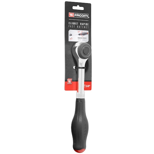 Facom fast ratchet with twist handle, black and silver, SKU J_360PB, front view with packaging.