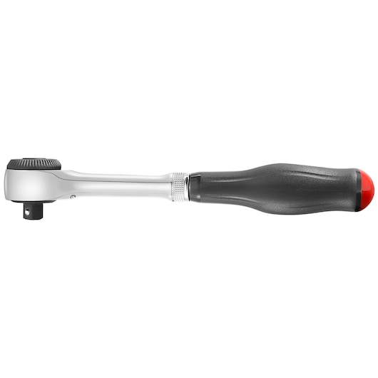 Facom J_360 ratchet wrench with black ergonomic handle and red end, side view, on white background.