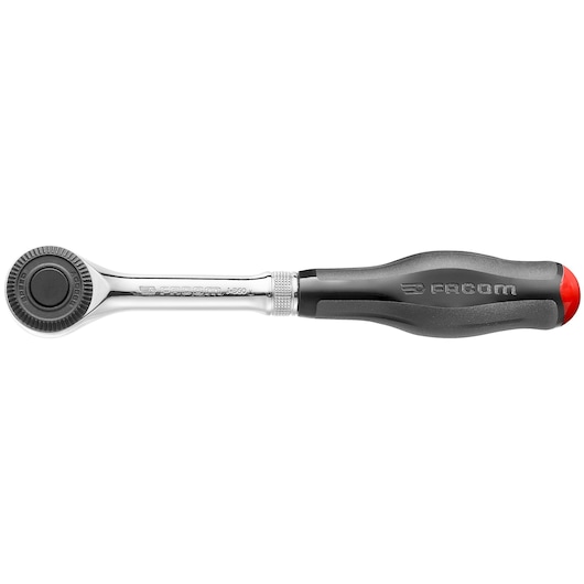 Facom J_360 ratchet wrench with black handle and red tip, side angle, white background.