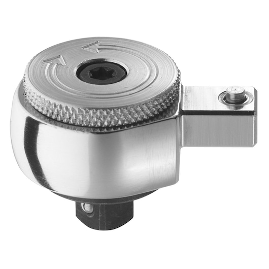 Photo of Facom J_372V chrome-finished ratchet head adapter, side angle on white background.