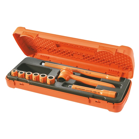 Facom J400AVSE insulated socket wrench set in orange hard case, socket heads and tools arranged in foam insert, angled view.
