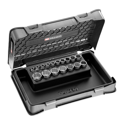 Facom J_400 socket set in black case, open top angle showing sockets arranged in rows.