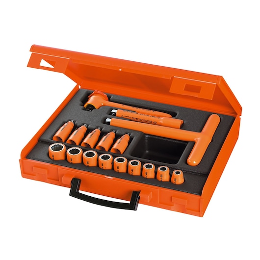 Facom J_401AVSE socket set with insulated tools in orange metal case, front angle.