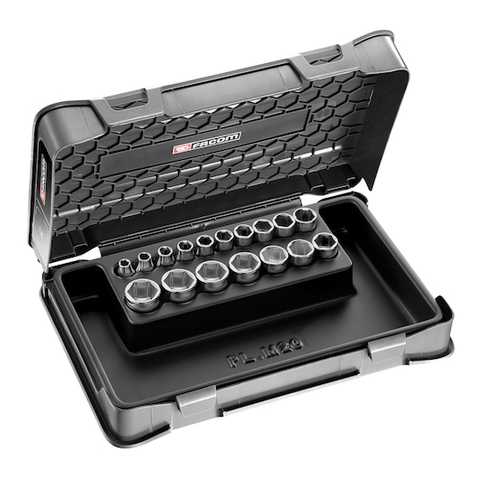 Facom J401 socket set with 14 hex sockets in a black hard case, photographed at an angle on white background.