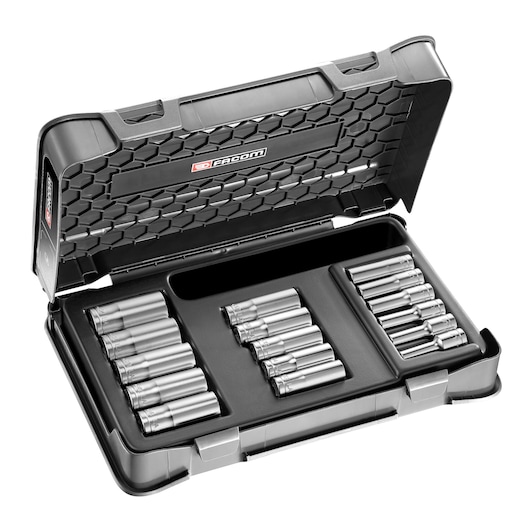 Facom J404 socket set in black hard case, angled view showing organized chrome sockets.