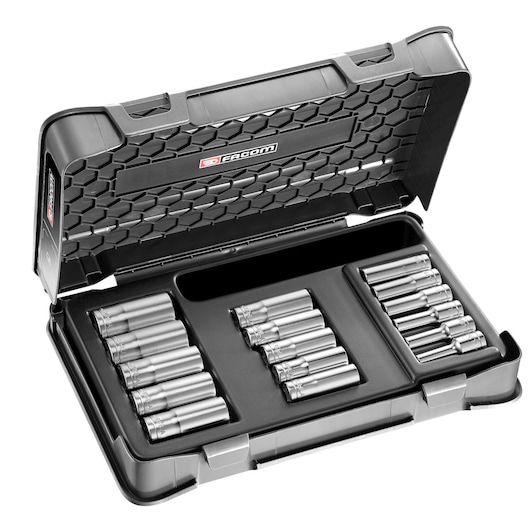 Facom J405 socket set in black textured hard case, top angle, chrome sockets organized in rows.