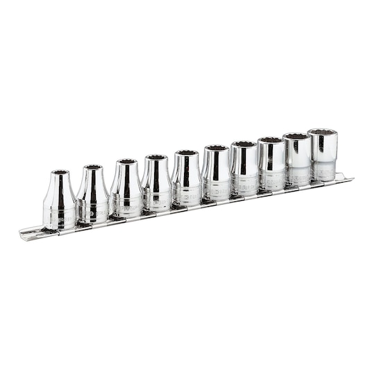 Facom J_40U chrome socket set on rail, ten pieces arranged in a row, product photography, front angle.