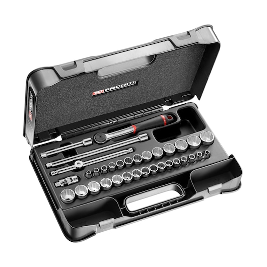 Facom J_430AMU socket wrench set with ratchet, extension bars, and sockets in black hard case, top angle.