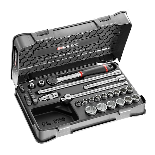 Facom J_430BSP ratchet socket set in black plastic case, photographed at an angle on white background.