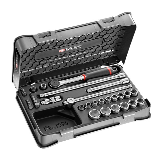 Facom J431BSP socket wrench set with multiple sockets and accessories in black hard case, top angle.
