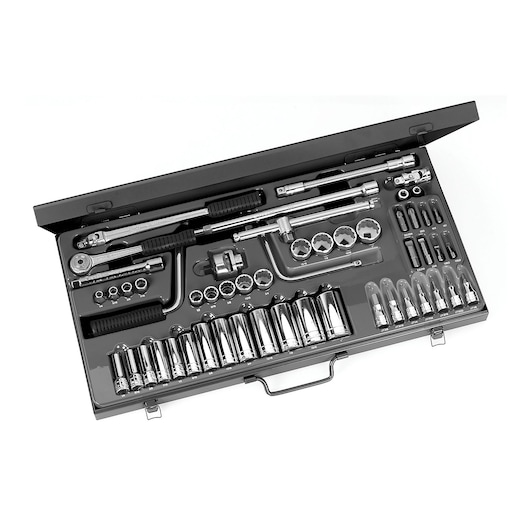 Facom J450U socket set with ratchets, extensions, and bits in a metal case, top view on white background.