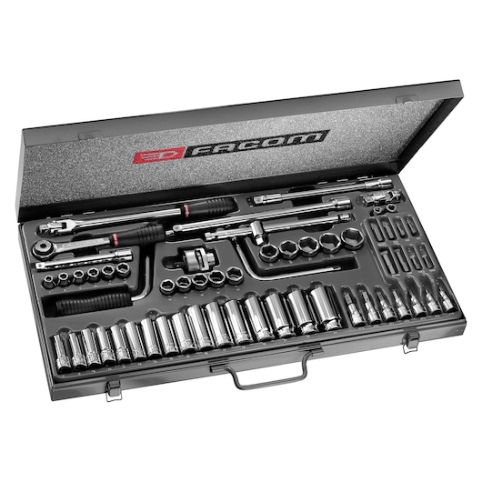 Facom J_451EP socket and ratchet set in black metal case, various sizes and accessories, top view.