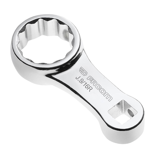 Facom J9 chrome finish box end wrench, angled view on white background, photography category.