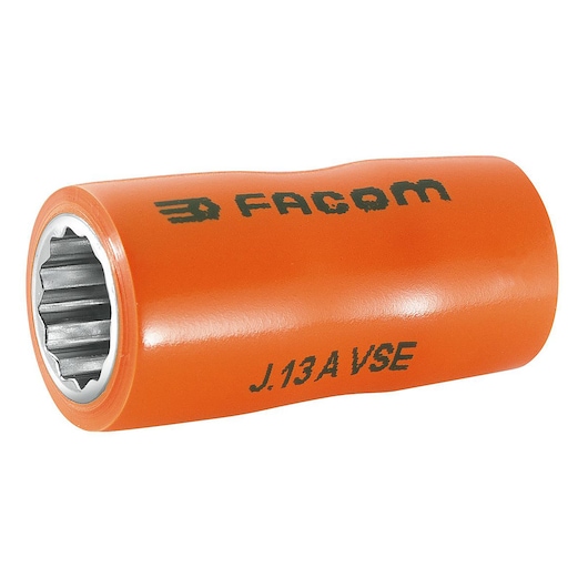 Facom socket J10AVSE, orange, insulated, photography, side angle on white background.