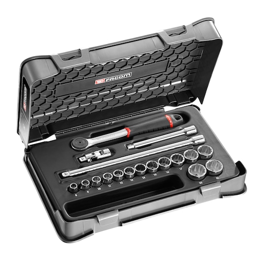 3/8" socket set, 18 pieces, MBOX, performance round head ratchet