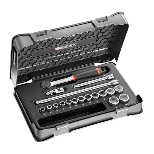 3/8" socket set, 18 pieces, MBOX, performance round head ratchet