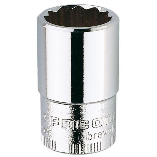 Photo of Facom JB.1/2 chrome socket, cylindrical shape and 12-point opening, front angle on white background.
