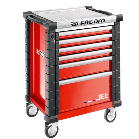 Facom JET.6M3A red rolling tool cabinet with six drawers and side handles, front angle, white background.