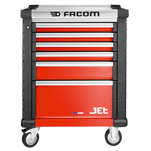 Facom JET.6M3A red and black rolling tool cabinet with seven drawers, front view, white background.