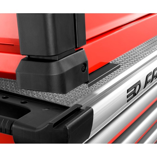 Facom JET.6M3A tool chest close-up showing red metal body, textured surface, and black corner guard.