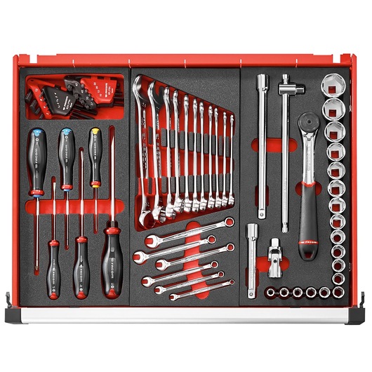 Facom JET.6M3A tool tray set with screwdrivers, hex keys, wrenches, sockets, and ratchet, top view.