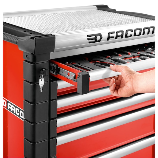 Facom JET.6M3A tool chest with open drawer, red and silver, showing organized hand tools, front angle.