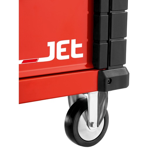 Facom JET.6M3A red tool trolley side close-up with wheel and black corner, photography category.