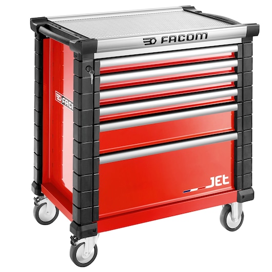 Photo of Facom JET.6M4A red tool cabinet with six drawers, side handle, and four caster wheels, front angle.