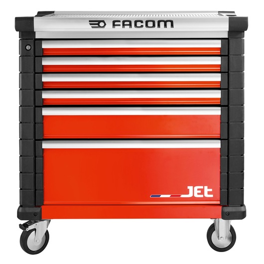 Facom JET.6M4A red tool chest with six drawers and wheels, front angle, white background.