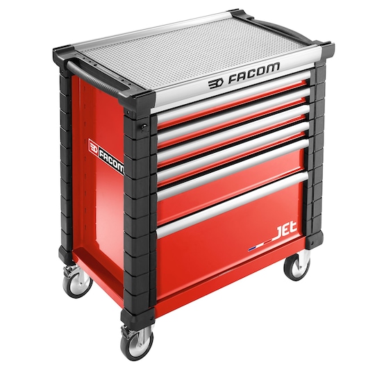 Facom JET.6M4A red tool chest with seven drawers, silver handles, and black corner protectors, side angle on white.