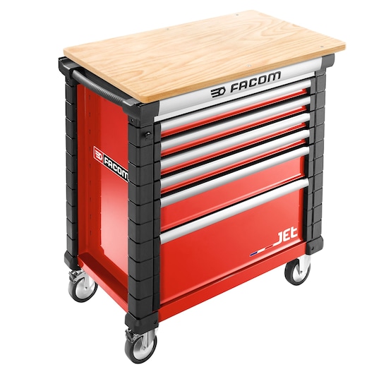 Facom JET.6M4A red tool cabinet with six drawers, wood top, silver handles, and four caster wheels, front angle.