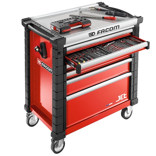 Facom JET.6M4A red tool trolley with drawers, assorted hand tools, side handle, and caster wheels, front angle.