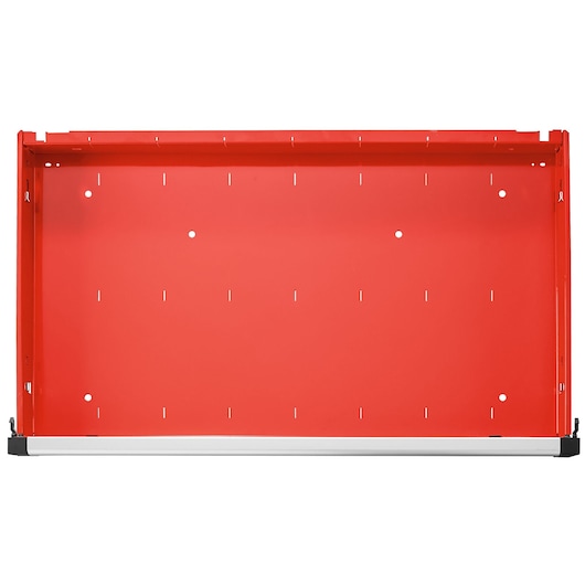 Facom JET.6M4A red metal tool chest interior panel, front angle, with slotted holes and silver trim.