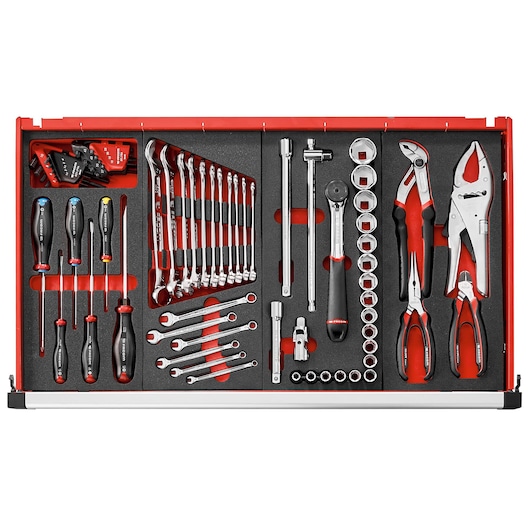 Facom JET.6M4A hand tool set photography, red drawer, assorted wrenches, screwdrivers, pliers, sockets, top angle.