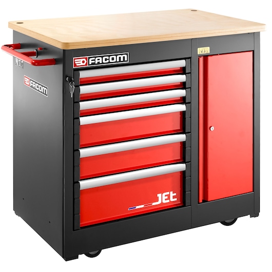 Facom JET.6MWBA tool chest with red drawers and side cabinet, wood top, front angle, photography